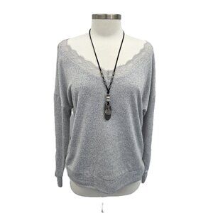Womens‎ 89th & Madison Gray Soft V-Neck Long Sleeve Sweater Top w/Lace Neckline